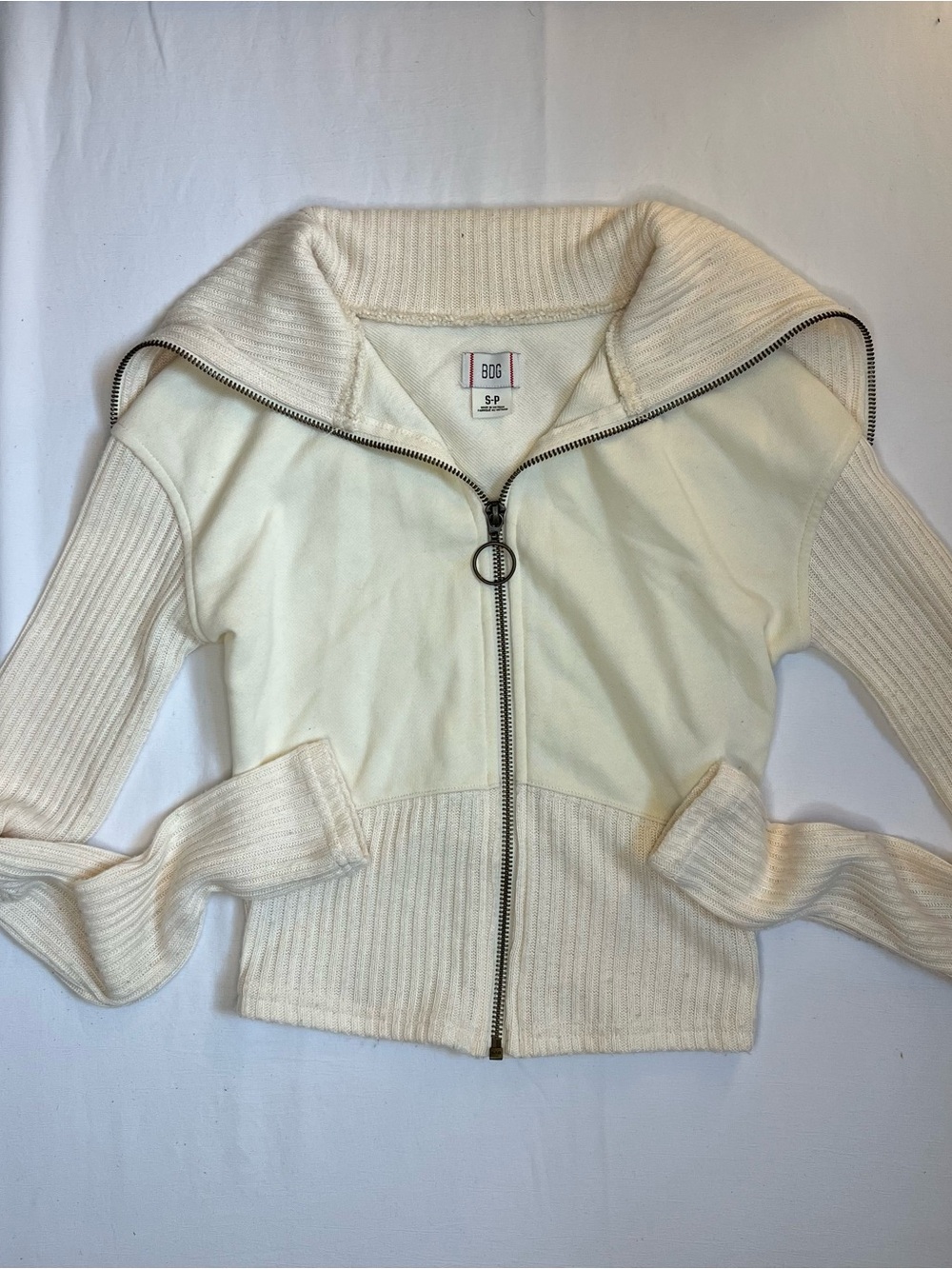 BDG Urban Outfitters Cream Cropped Mixed-Knit Zip-Up Sweater Jacket